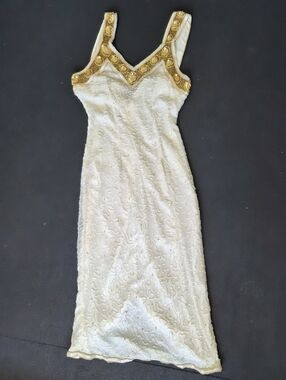 Y2k Silk Greek Goddess Ivory And Gold Beaded Evening Gown Wide Strap V-neck